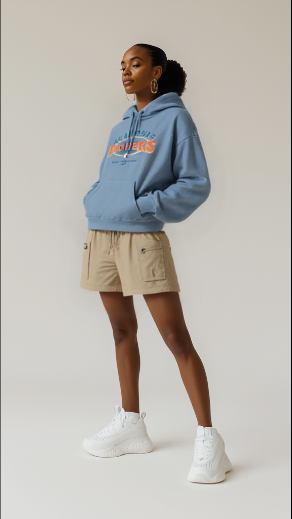 Model in beige shorts