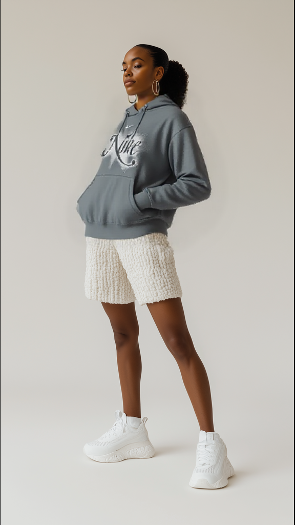 Model in grey hoodie